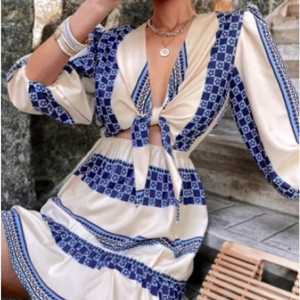 Boho blue cream floral print ruffle knot front mini dress